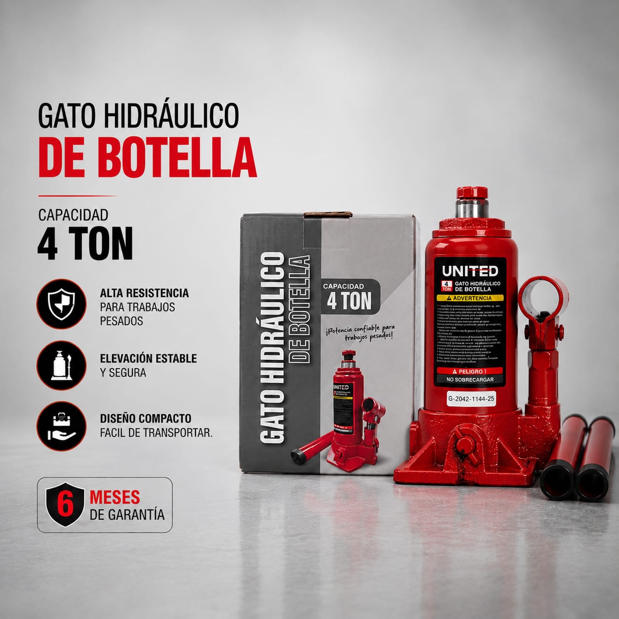 Gato hidráulico t/botella 4 toneladas UNITED | Ideal para Carro, Camioneta y SUV